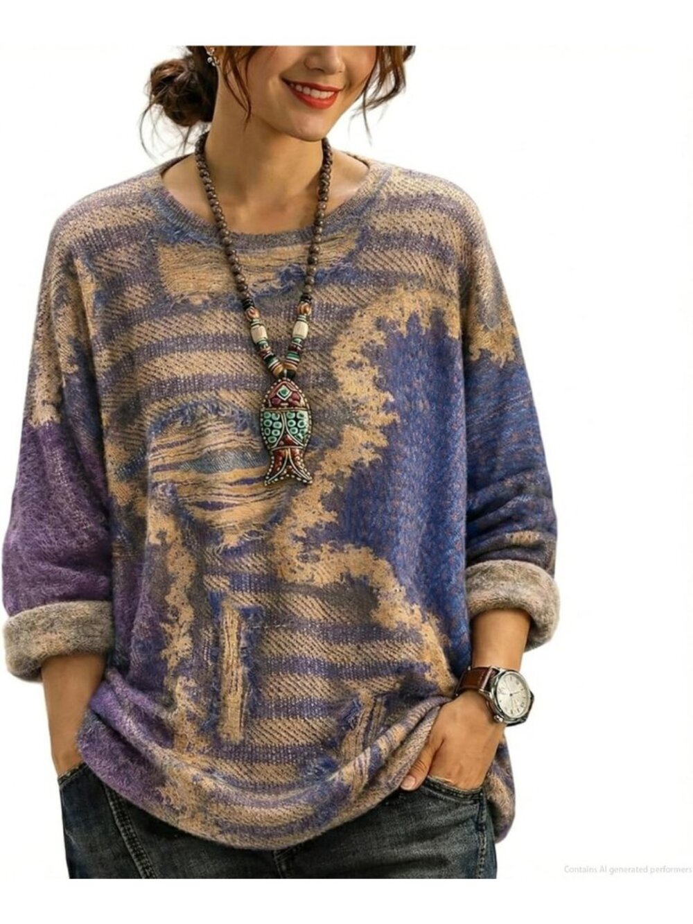 Cozy Oversized Graphic Knit Pullover Sweater for Women - Trendy Casual Style